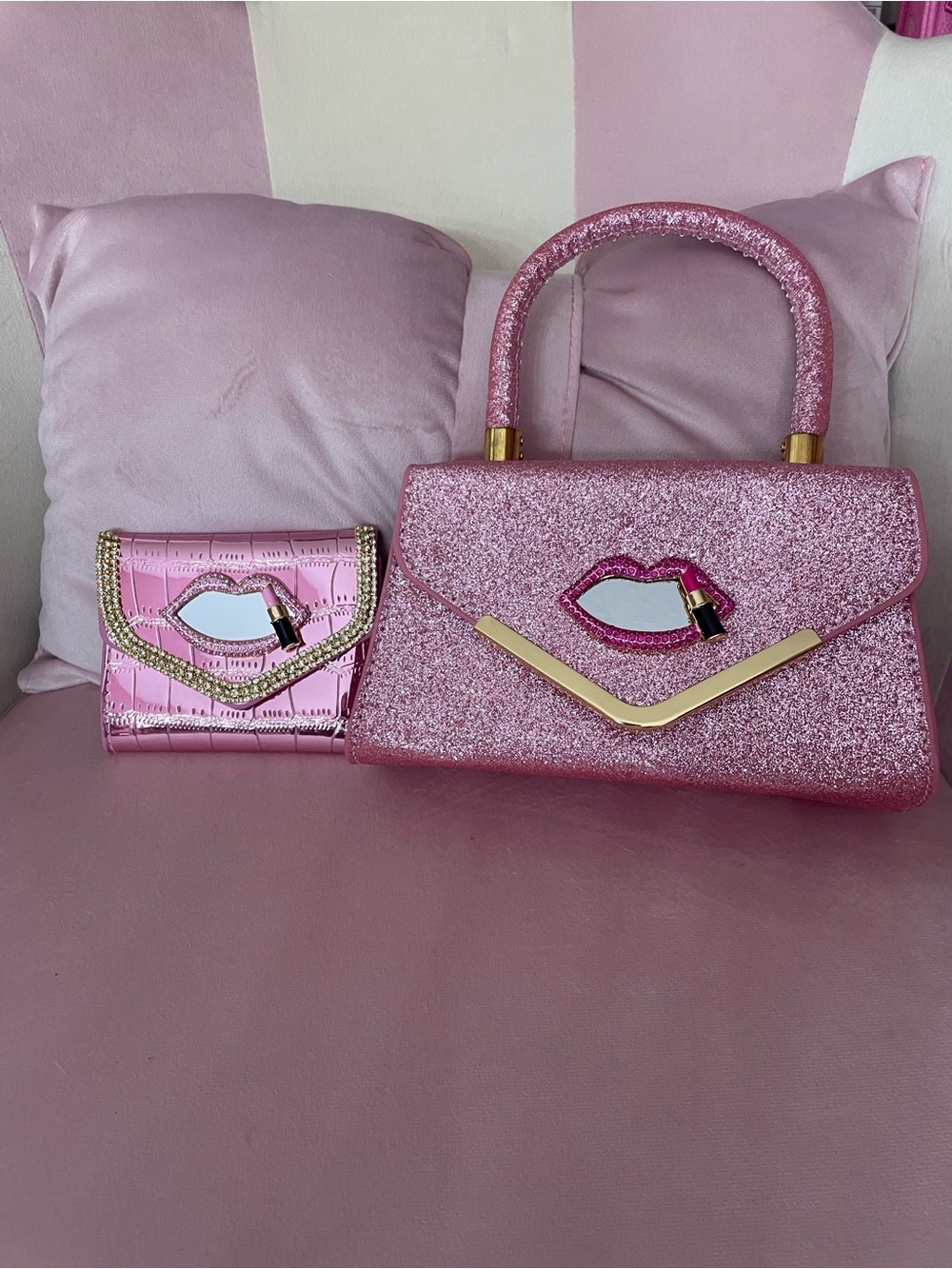 Pink Glitter Structured Top-Handle Clutch with Lip Accent